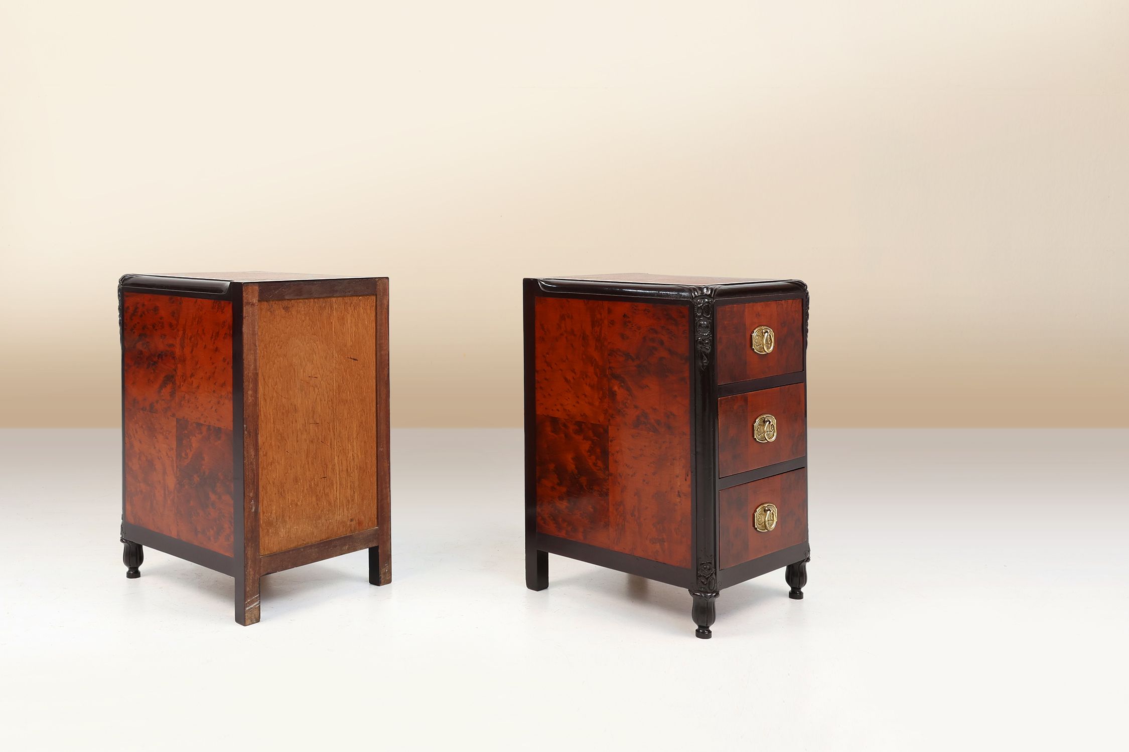 Pair of Art Deco nightstands in burl veneer, oak and copper, France ca. 1910thumbnail